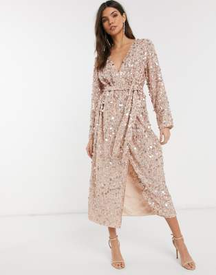 asos design midi dress with batwing sleeve and wrap waist in scatter sequin