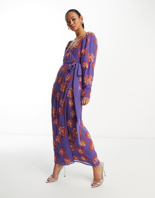 ASOS EDITION wrap midi dress in floral sequin in purple