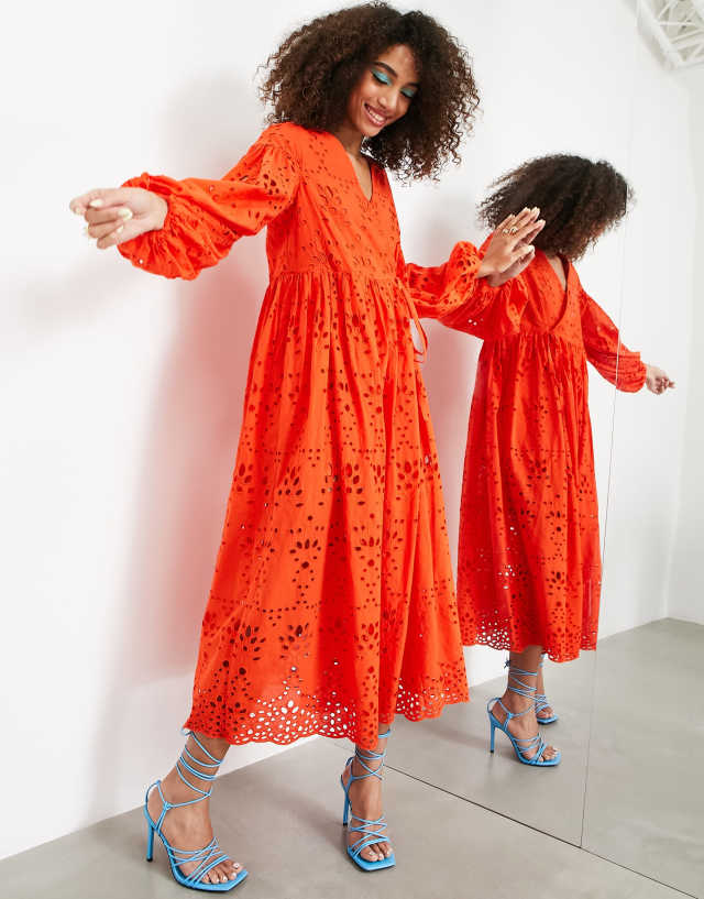 ASOS EDITION wrap smock broderie midi dress in tomato red