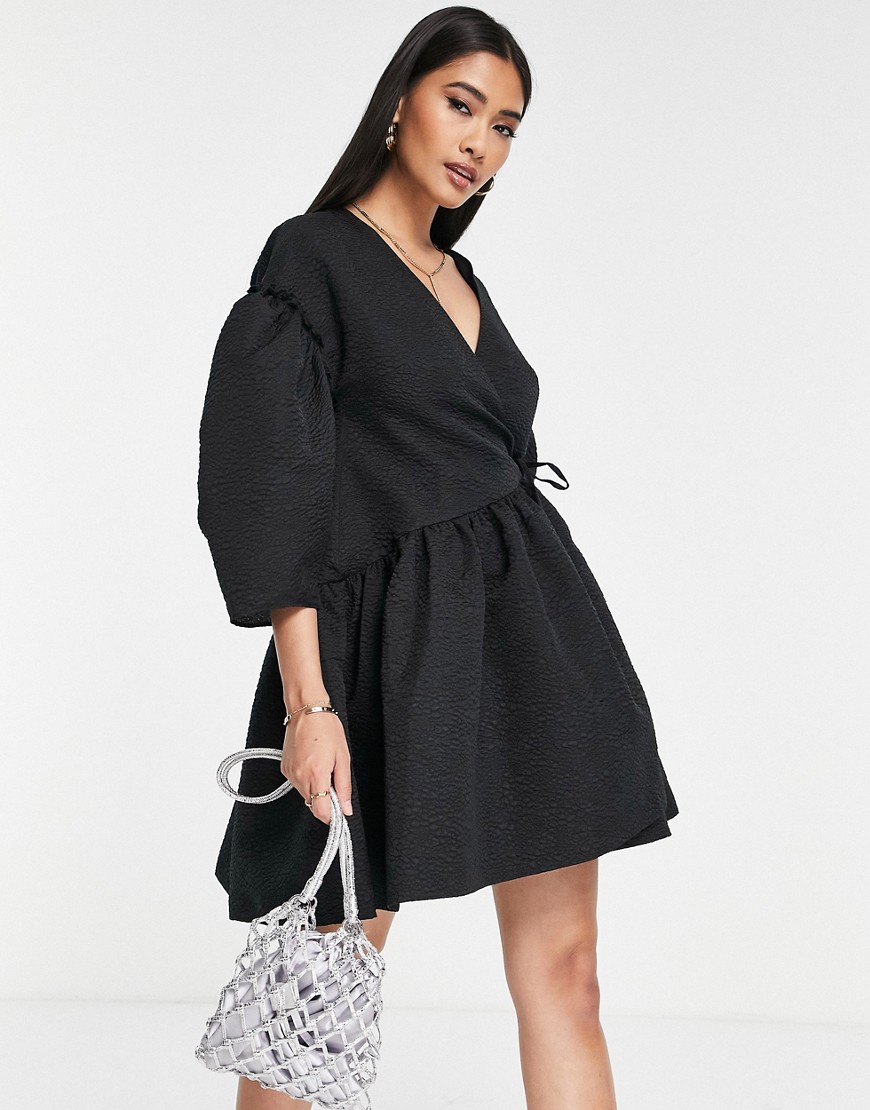 ASOS EDITION wrap smock textured mini dress in black