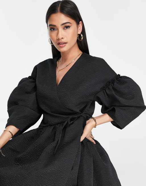 ASOS EDITION oversized wrap smock dress with blouson sleeves in black -  ShopStyle