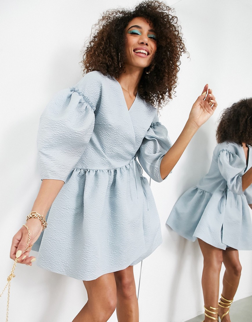 ASOS EDITION wrap smock textured mini dress in blue