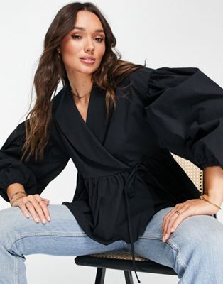 ASOS EDITION wrap smock top with collar in black