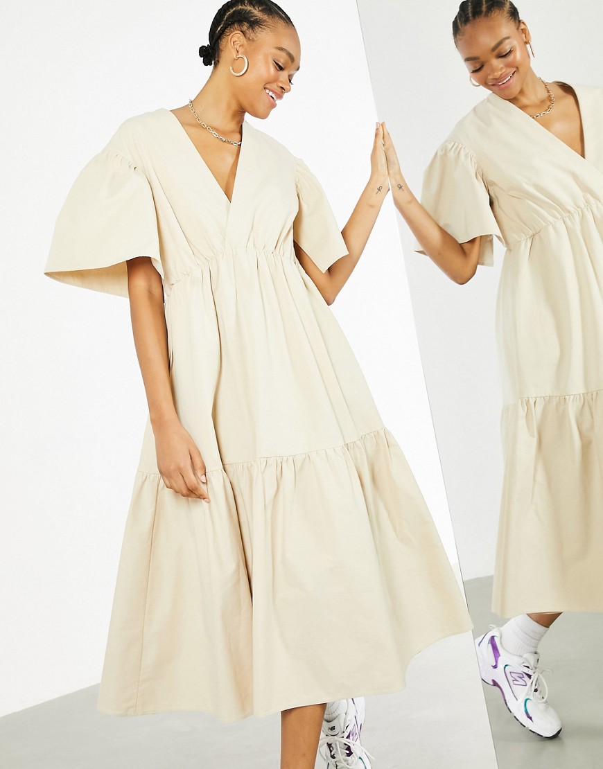 Asos Design Wrap Tiered Midi Dress In Stone-neutral