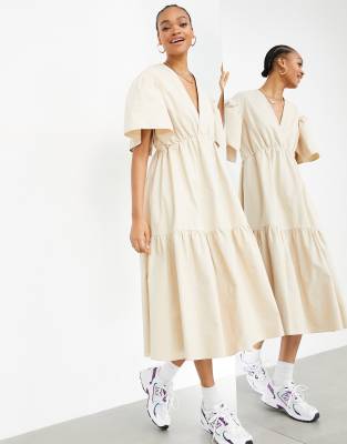 ASOS EDITION wrap tiered midi dress in stone | ASOS