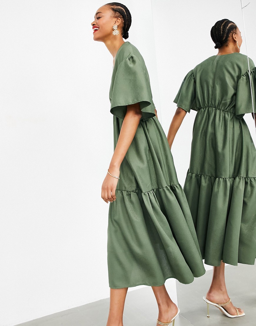 ASOS EDITION wrap tiered textured midi dress in olive green