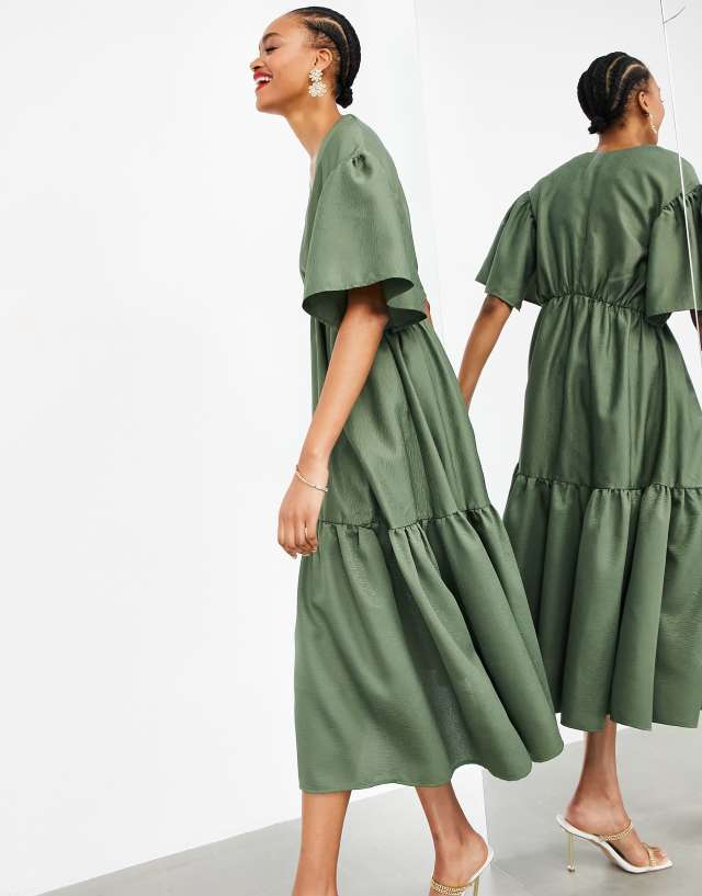 ASOS EDITION wrap tiered textured midi dress in olive green