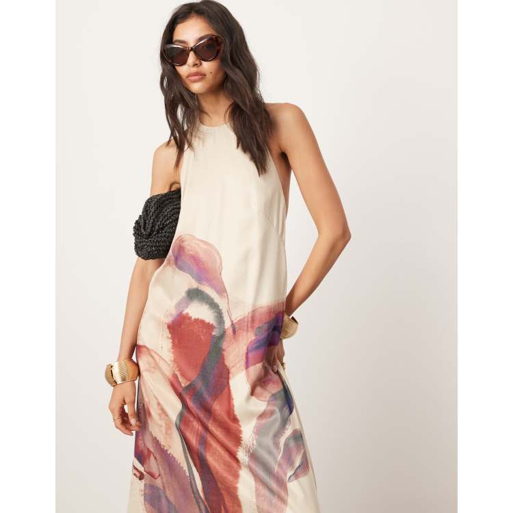 ASOS EDITION Zachte maxi jurk met halternek lage rug en zakken in abstracte print ASOS