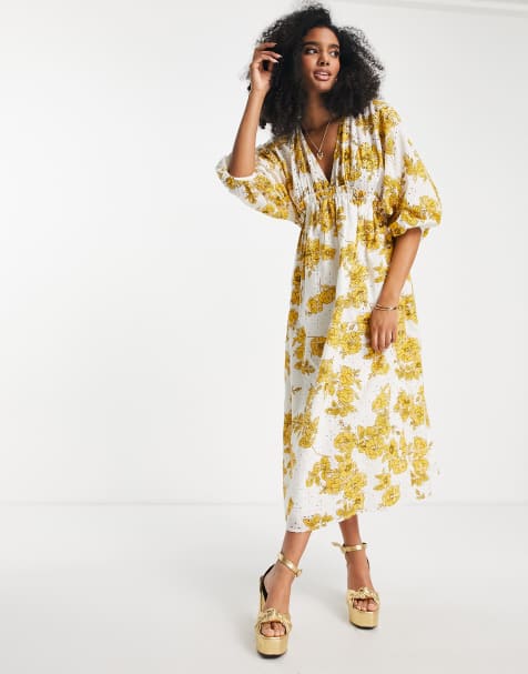 ASOS EDITION – Zebrana w talii sukienka midi z baskinką w kwiatowy wzór - view 1