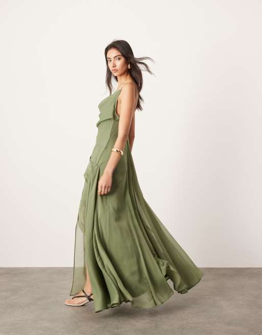 ASOS Edition – Zielona drapowana sukienka szyfonowa maxi o asymetrycznym kroju na ramiączkach