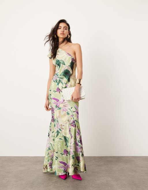 ASOS EDITION – Zielona sukienka maxi na jedno ramię, z pełną spódnicą i ozdobnymi szwami, w kwiatowy wzór