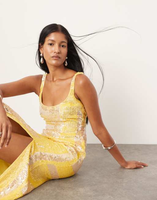 ASOS Edition – Żółta zdobiona sukienka midaxi z kwadratowym dekoltem w geometryczny wzór w paski