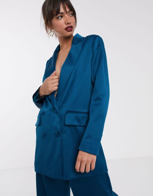 ASOS EDITION – Blaues Satinset mit zweireihiger Jacke und weitgeschnittner Hose, 2 von 3
