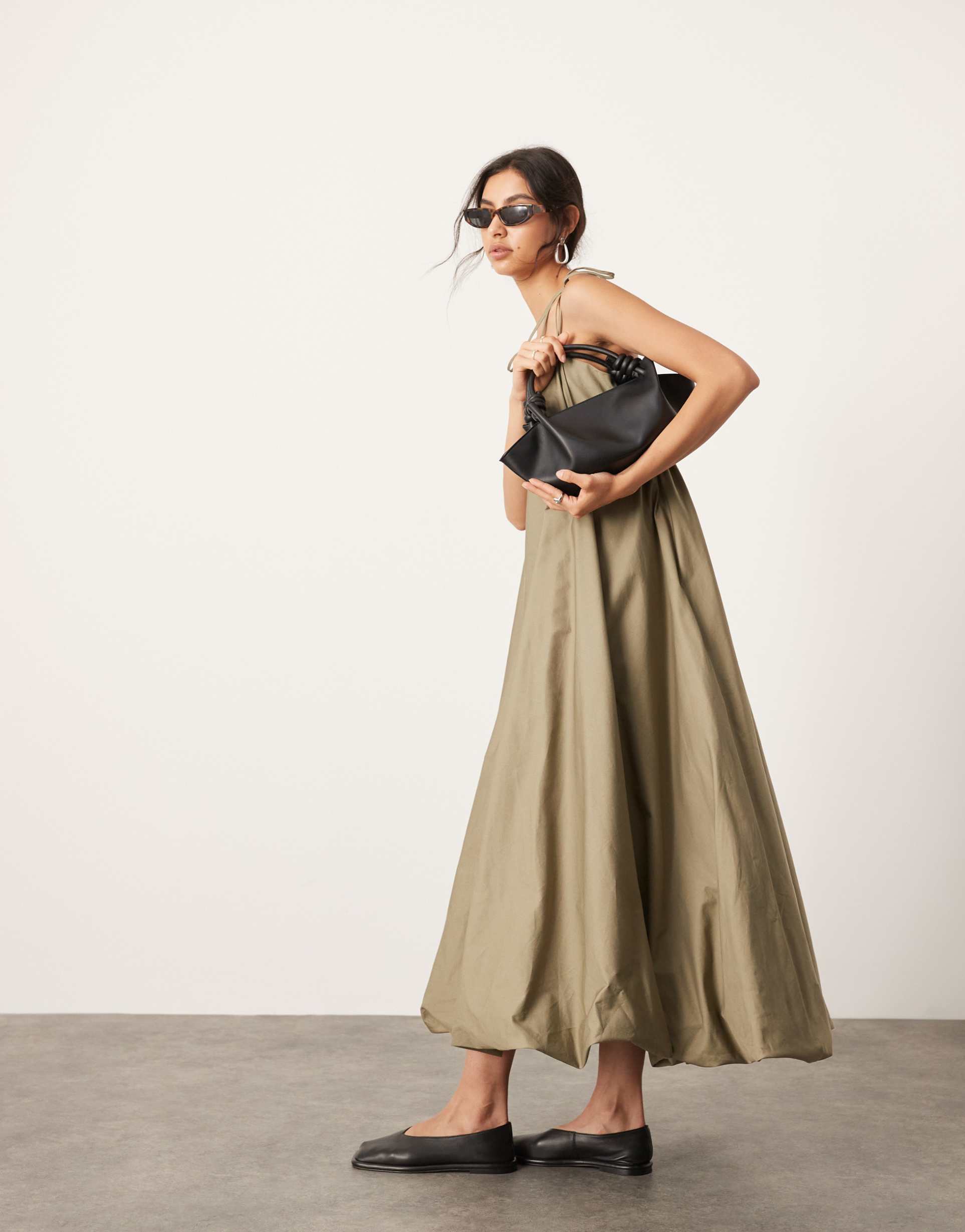 asos editon cami puff ball maxi dress in khaki