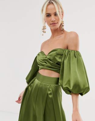 satin off the shoulder crop top