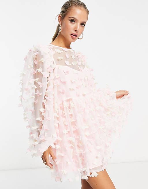 ASOS EDTION 3d floral mesh smock mini dress in pink