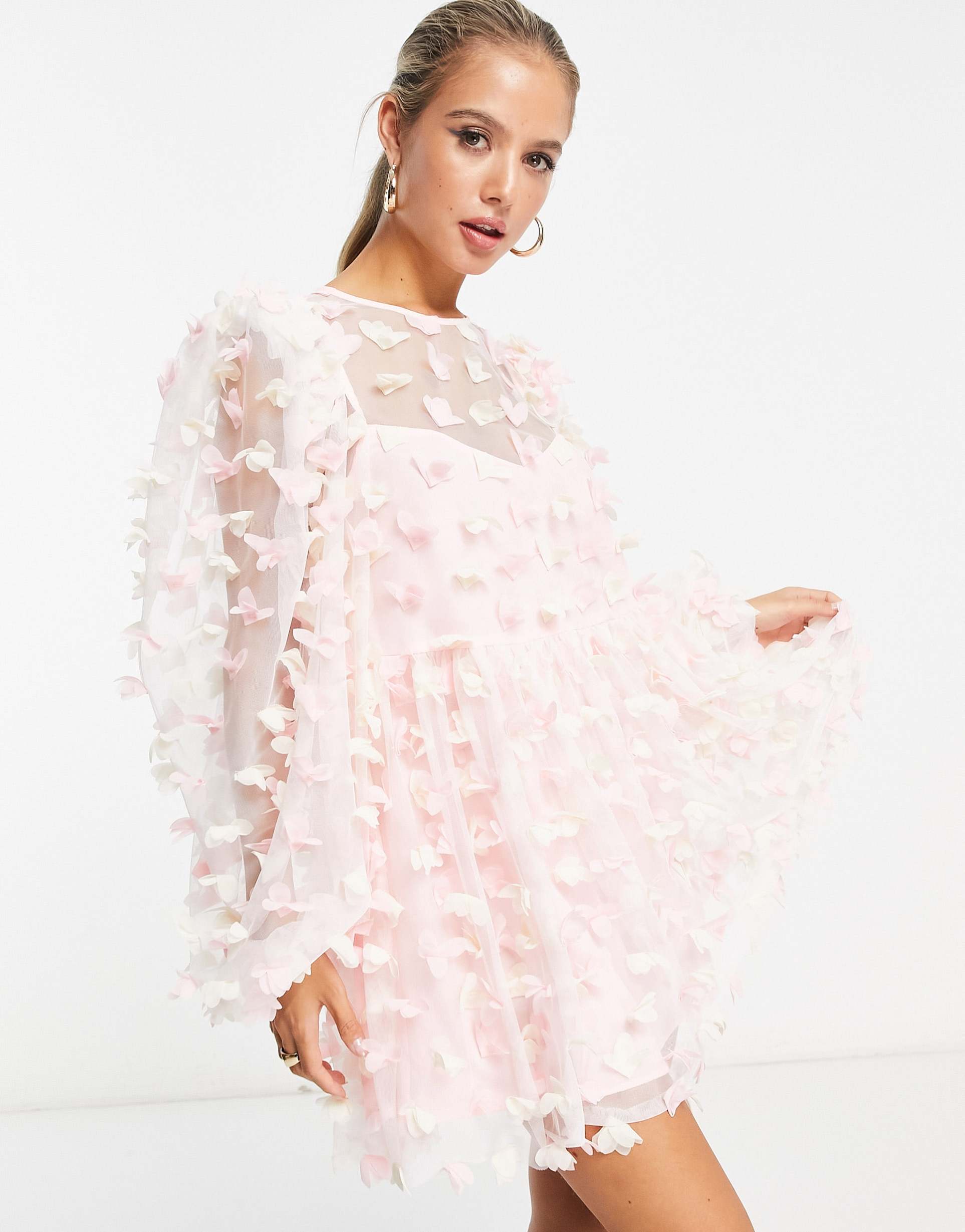 asos edtion 3d floral mesh smock mini dress in pink