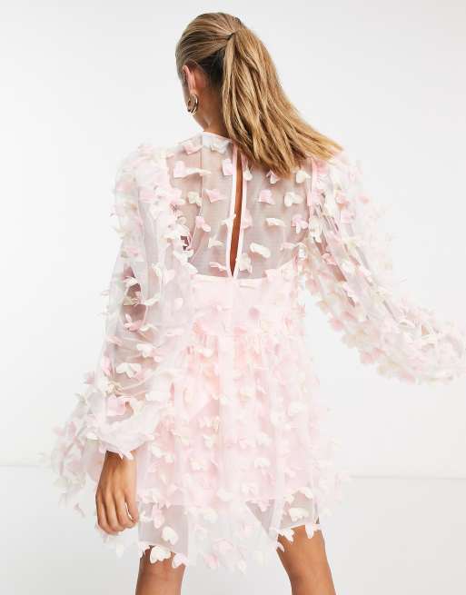 Asos embellished mesh fluted shop sleeve smock mini dress