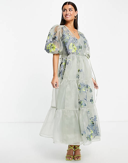 Women tiered wrap dress in embroidered organza 