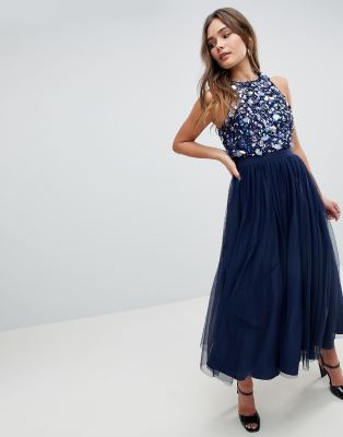 asos design crop top fringe embellishment tulle midi dress