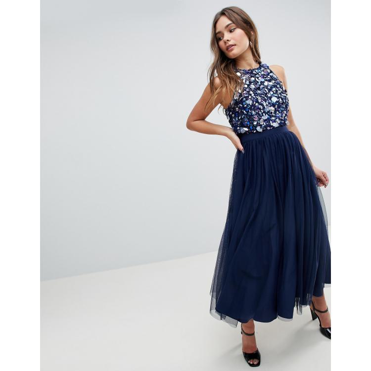 Asos embellished cluster crop top tulle midi on sale dress