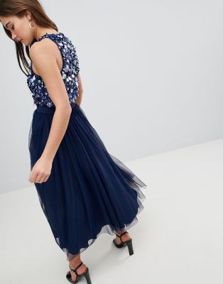asos design crop top fringe embellishment tulle midi dress