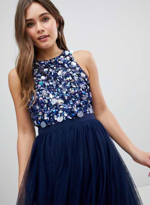 Asos embellished cluster crop top tulle midi on sale dress