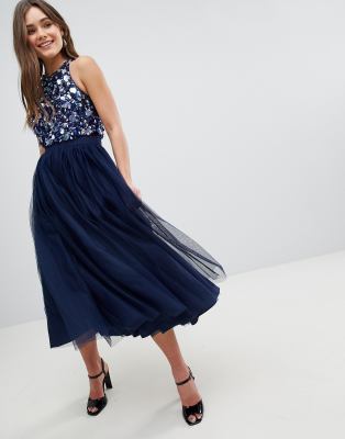 asos design crop top fringe embellishment tulle midi dress