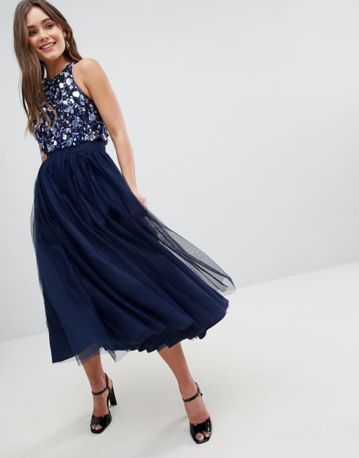 Asos embellished cluster crop top tulle midi on sale dress