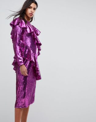 purple sequin midi dress