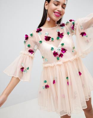 asos embellished mesh fluted sleeve smock mini dress