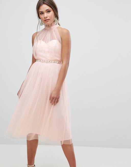 ASOS High Neck Embellished Crop Top Tulle Midi Dress