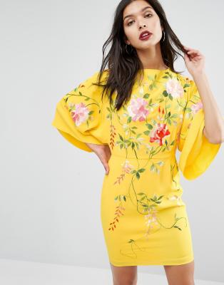 Asos yellow outlet embroidered dress