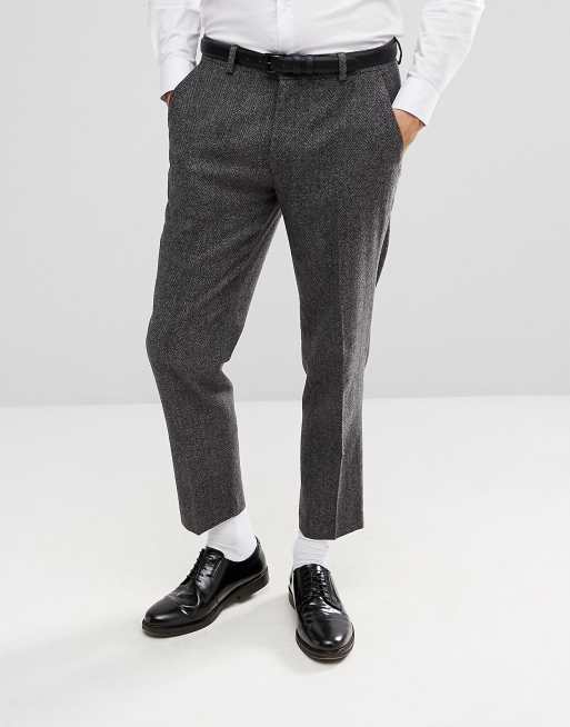 Asos Enge Kurz Geschnittene Anzughose In Grau Mit Fischgratenmuster Asos