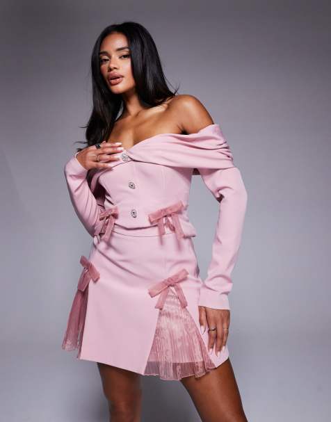 ASOS - Ensemble blazer ajusté à épaules dénudées et mini-jupe avec empiècements plissés en organza - Vieux rose - view 1