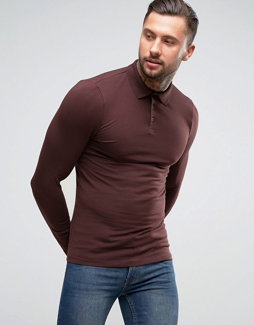ASOS Extreme muscle fit Long Sleeve Polo In Burgundy | ASOS