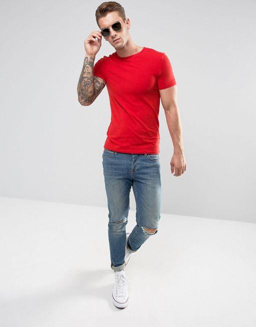 ASOS Extreme Muscle Fit T-Shirt With Crew Neck And Stretch In Red | ASOS