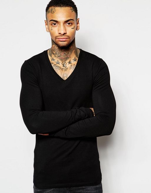 ASOS Long Sleeve Tshirt with Deep V Neck in Black for Men