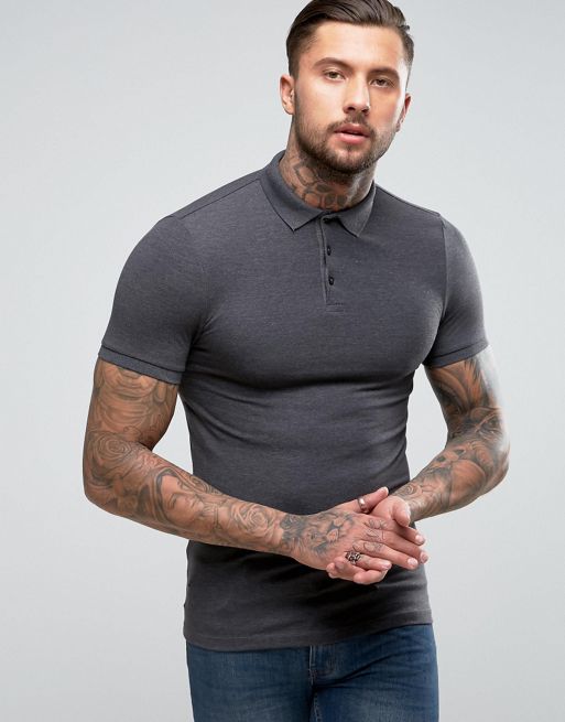 ASOS Extreme Muscle Polo Shirt In Charcoal Marl | ASOS