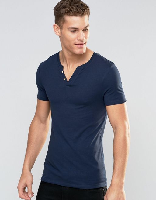 ASOS | ASOS Extreme Muscle T-Shirt In Navy With Grandad Collar
