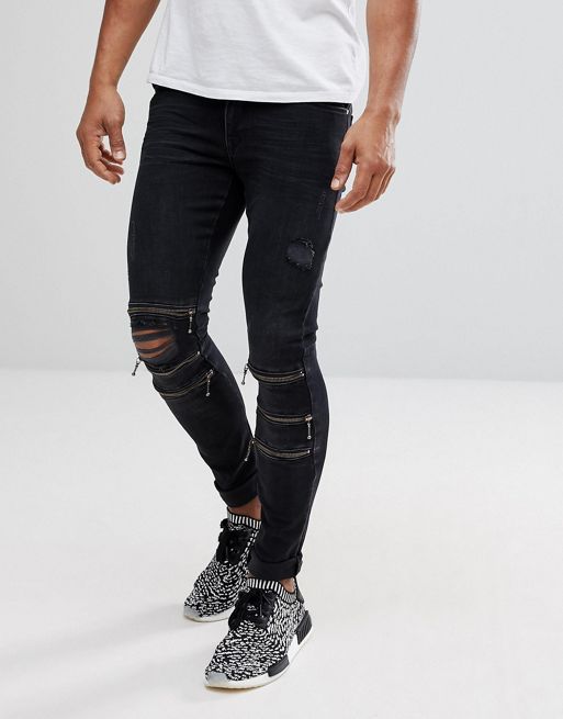ASOS | ASOS Extreme Super Skinny Jeans In Washed Black With Knee Zips ...