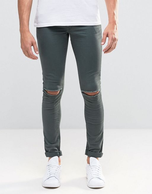 Asos Extreme Super Skinny Jeans With Knee Rips In Green Asos 