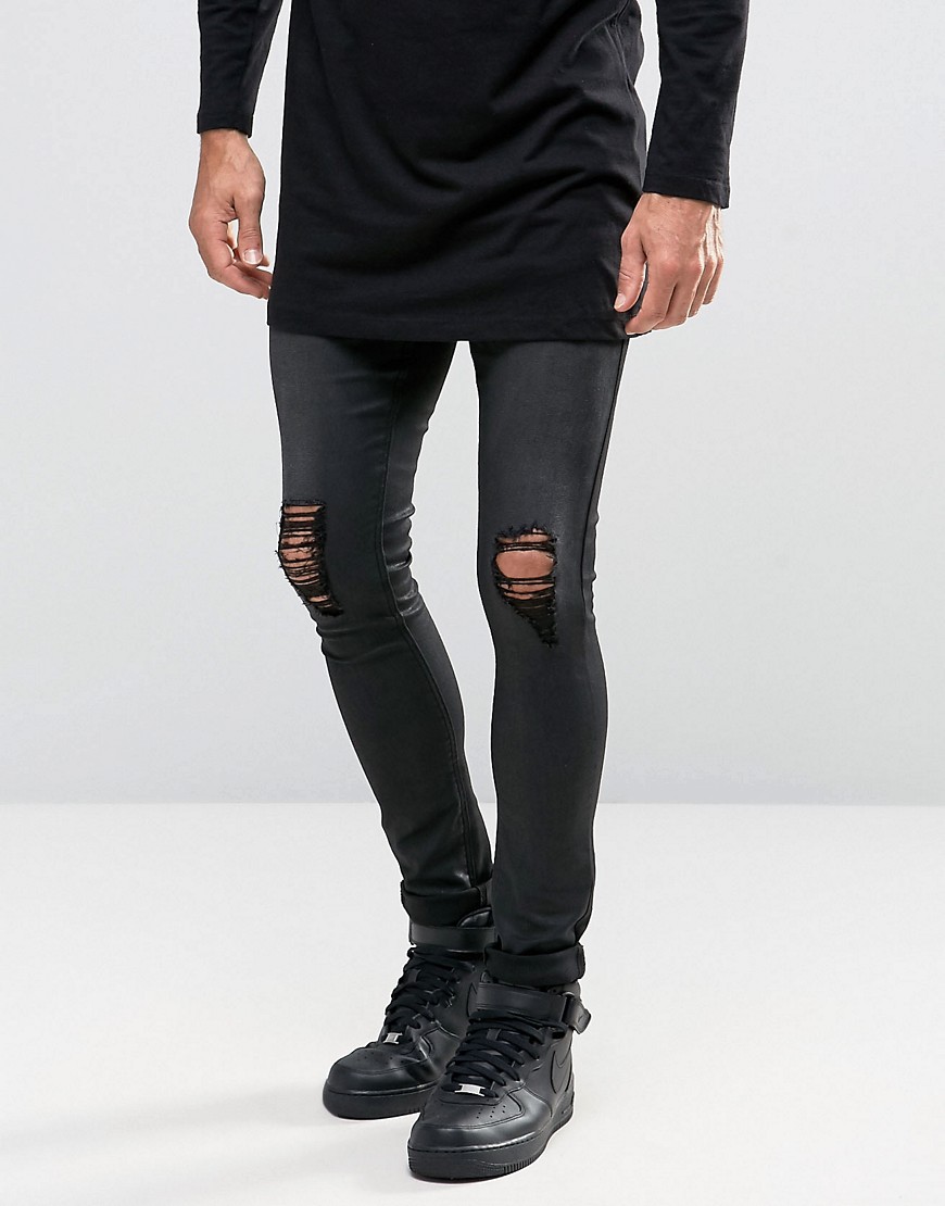 ASOS Extreme Super Skinny Jeans With Knee Rips In Leather Look-Black