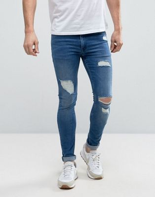 ASOS Extreme Super Skinny Jeans With Open Rips In Mid Blue | ASOS