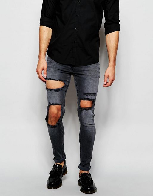 Asos Extreme Super Skinny Jeans With Open Rips In Washed Black Asos 