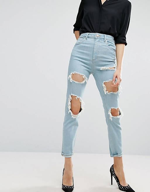 ASOS FARLEIGH High Waist Slim Mom Jeans In Eternal Chalky Light Stonewash with Extreme Rips