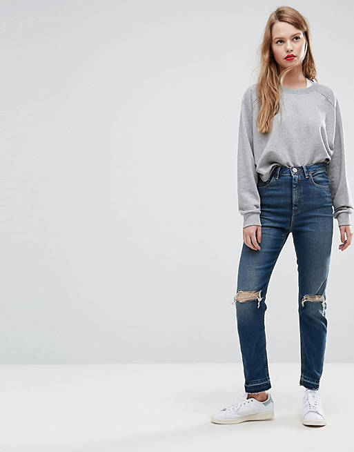 ASOS FARLEIGH High Waist Slim Mom Jeans in Sonnet Aged Vintage Dark Wash with Busts and Cinch Back