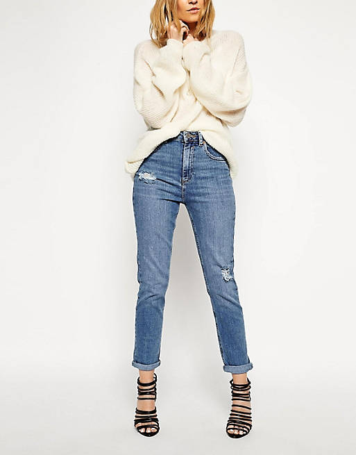 ASOS Farleigh High Waist Slim Mom Jeans in Vintage Wash with Thigh Rip