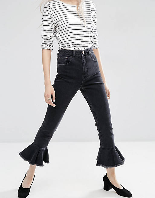 ASOS FARLEIGH High Waist Slim Mom Jeans in Washed Black with Flared Frill Hem