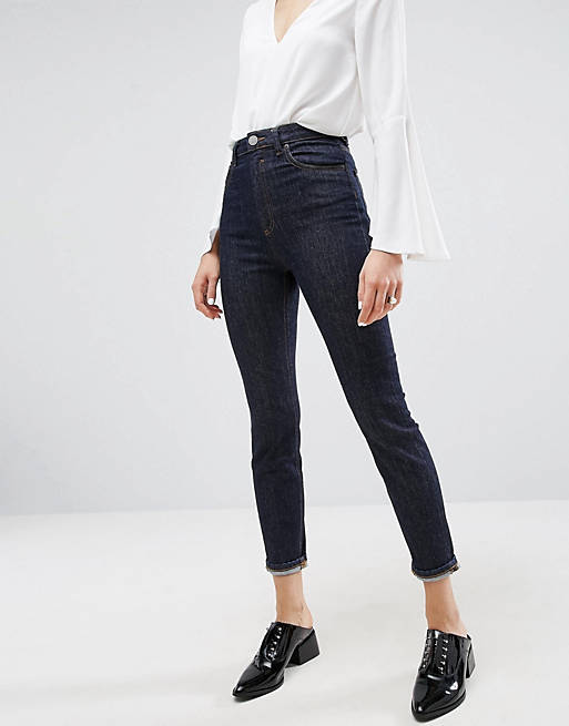 ASOS – FARLEIGH – Mom-Jeans mit hoher Taille in Alder Indigo-Jeansblau